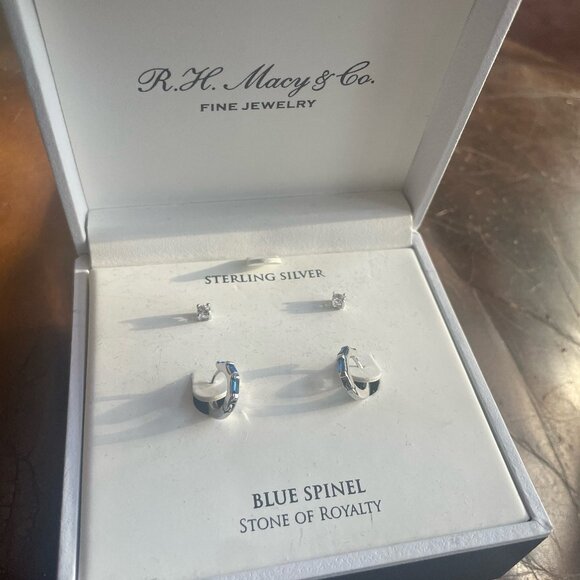 Women's Sterling Silver Earrings Set White Saphire Studs & Blue Spinel Hoops - Picture 1 of 2